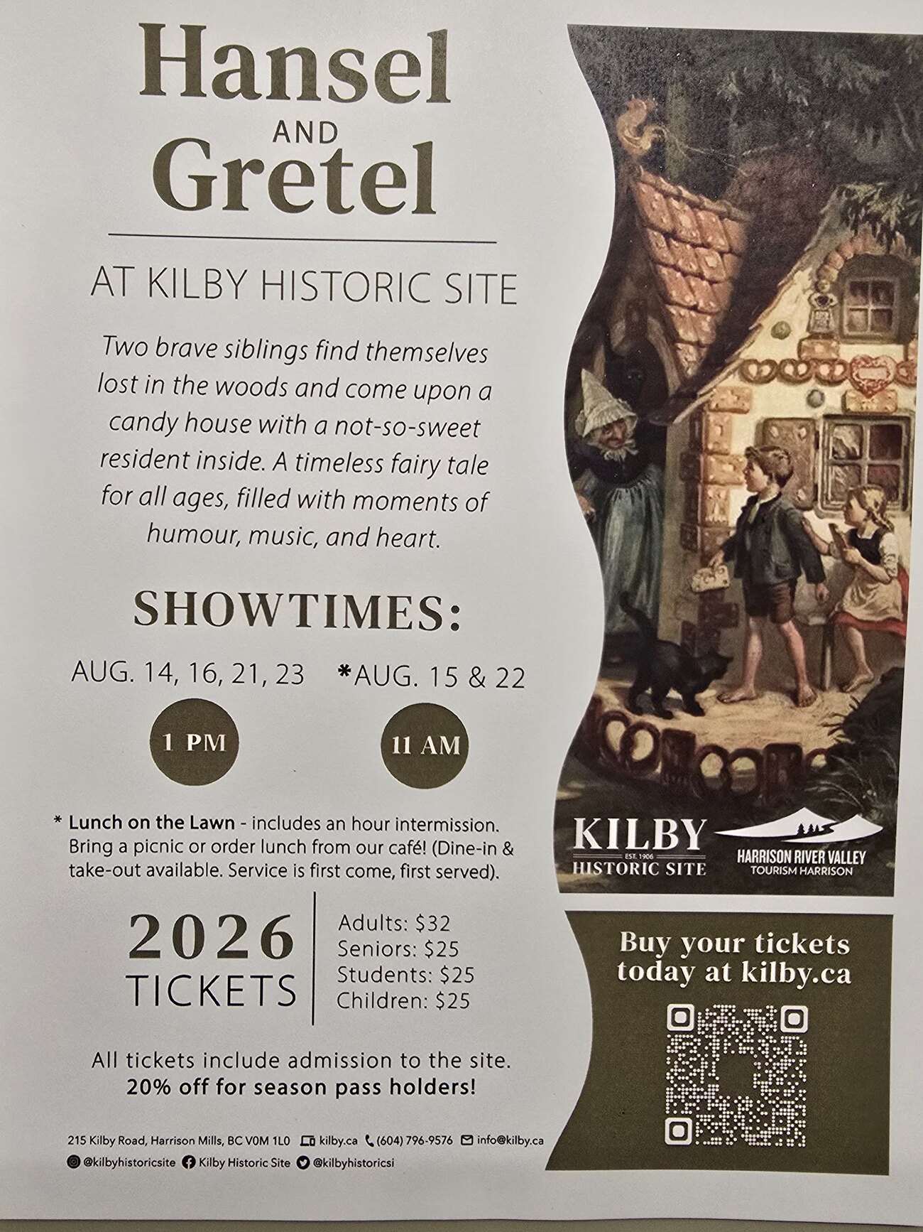 Hansel and Gretel show flyer — Kilby Historic Site, August 2026